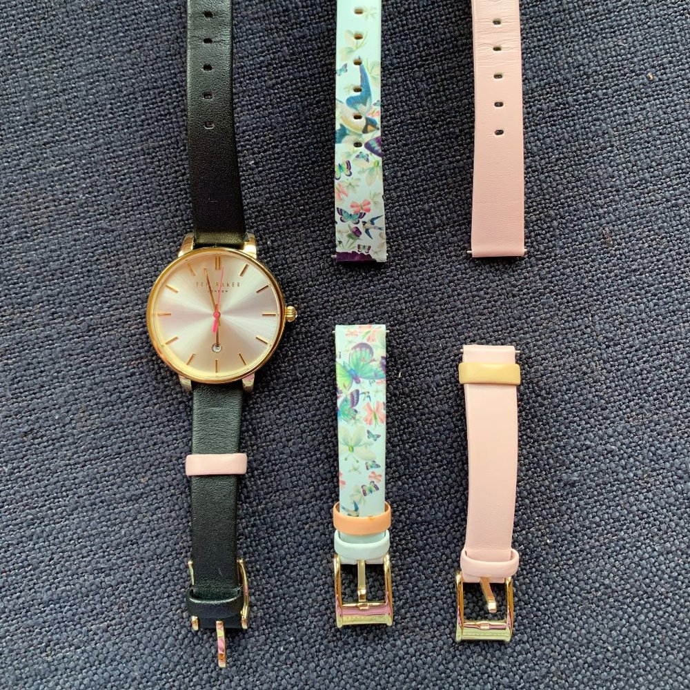 Ted Baker London watch with black, pink, and blue floral straps